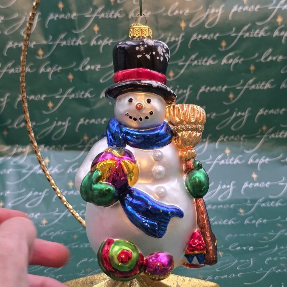 Shiny Snowman Toy Broom Christmas Tree Ornament Glitter Snow Man Playing Ball 6"